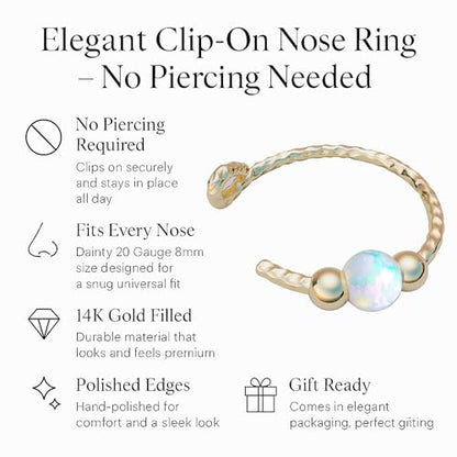 Jolliz Gold Fake Nose Ring with White Opal- Thin Tiny 20 Gauge 8mm Faux Nose Hoop - 14k Gold Filled Clip On Piercing Jewelry For Women - Handmade Fake Nose Rings - No Piercing Needed