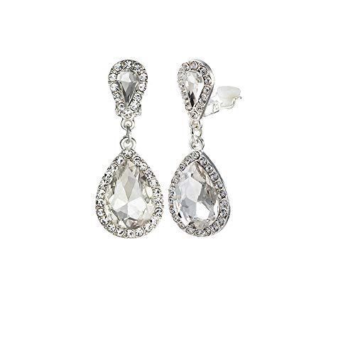 Classic Austrian Crystal Tear Drop Clip on Dangle Earrings for Women - color: White,Silver