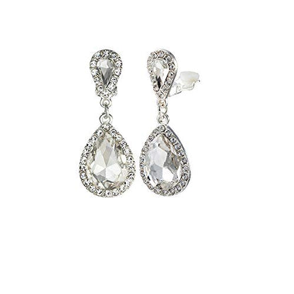Classic Austrian Crystal Tear Drop Clip on Dangle Earrings for Women - color: White,Silver