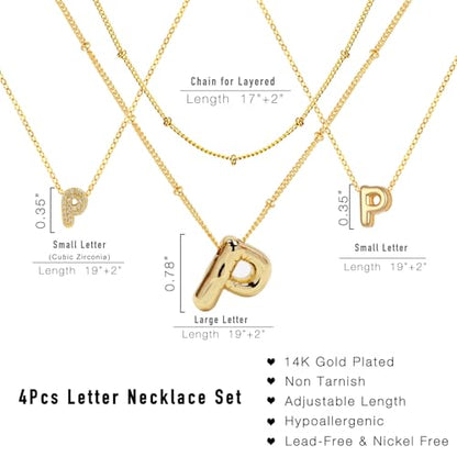stino 4PCs Bubble Initial Letter Necklace Set, No Tarnish 14K Gold Plated Alphabet Pendant, Jewelry for Women - style: P