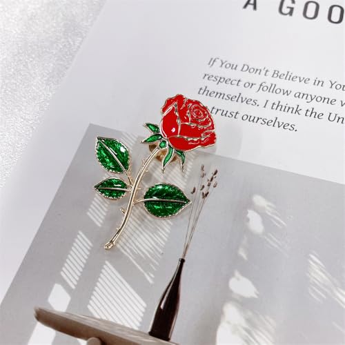 Red Rose Flower Brooch Pin for Women Girls Men Red Green Enamel 14k Gold Plated Cute Floral Lapel Pins Dress Accessories Boutonniere Corsage for Hat Bag Suit Tie Jewelry for Wedding Anniversary