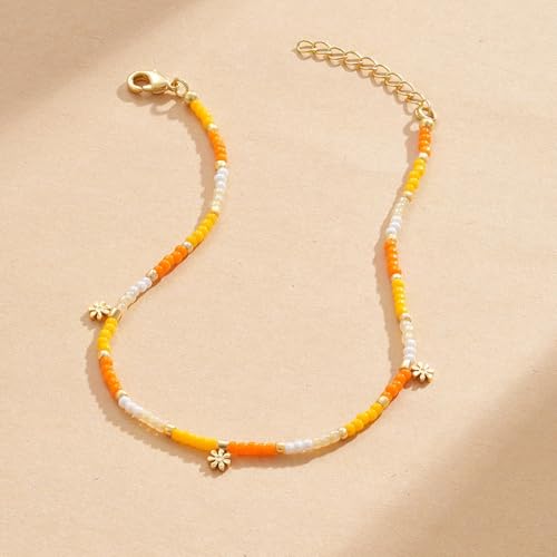 KissYan Beaded Ankle Bracelet for Women, Bead Anklet with Dangling Charm, Beach Waterproof Foot Jewelry Gifts for Her - color: Yellow