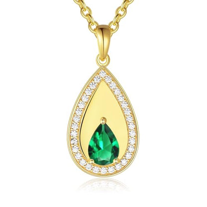 Birthstone Pendant Necklaces for Women 925 Sterling Silver Teardrop Pendant Necklace Birthday Jewelry Gift, 18"+2" Inches - color: 05 - Emerald