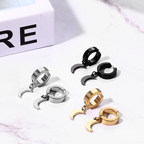Black Hinged Earrings Hoop-Clip On Moon Dangle Hoops-Stainless Steel Punk Earrings Jewelry for Women Men - color: 3 Pairs