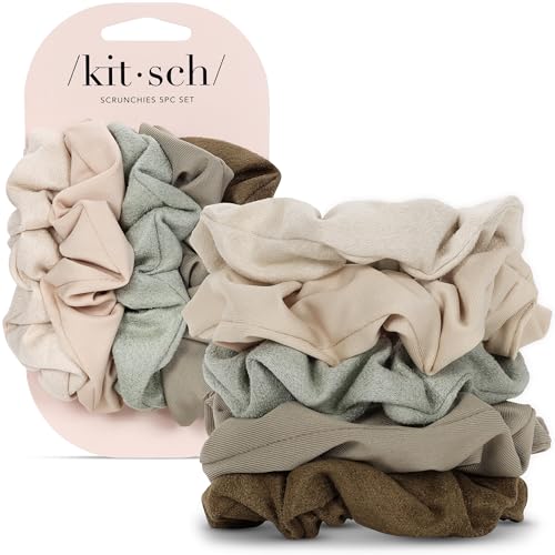 Kitsch Scrunchies for Women - Moss Green, 5 Pcs | No Crease Hair Ties for Girls – Scrunchies For All Hair Types and Textures, Perfect for Day or Night - color: Moss Green