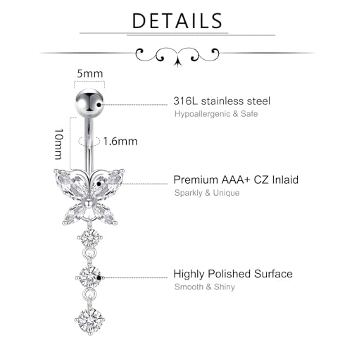 D.Bella Belly Rings for Women Belly Button Piercing Clicker Belly Button Ring Belly Button Rings Dangling 14G Surgical Steel CZ Butterfly Dangle Belly Piercing Jewelry Silver Rose Gold - color: B -silver