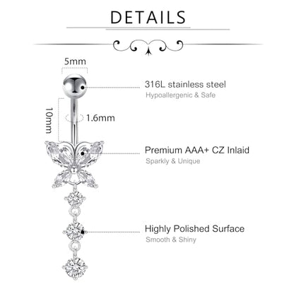 D.Bella Belly Rings for Women Belly Button Piercing Clicker Belly Button Ring Belly Button Rings Dangling 14G Surgical Steel CZ Butterfly Dangle Belly Piercing Jewelry Silver Rose Gold - color: B -silver