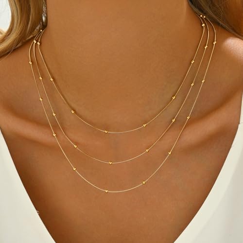 18K Gold Plated Layered Herringbone Necklaces for Women Dainty Layering Beaded Snake Chain Choker Moon Coin Pendant Necklace Trendy Stainless Steel Jewelry - color: Trible Round Bead-Gold