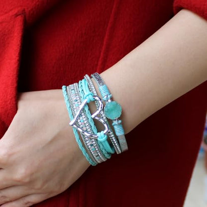 Womens Love Heart Leather Wrap Bracelet Multi-layer Stacked Bangle | Magnetic Clasp Soft PU Leather Resin Stone Rhinestone Boho Style Birthday Valentine Christmas Bohemian Jewelry Gift - color: Sky Blue