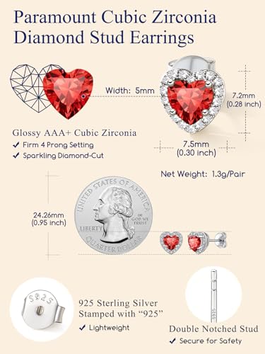 Suplight 925 Sterling Silver Birthstone Stud Earrings for Women, Round/Heart/Teardrop/Square Crystal Diamond Earrings for Women, Dainty Birthday Gifts Jewelry - color: style b-07. heart-July(Created Ruby)