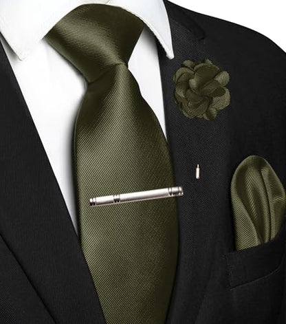 JEMYGINS Formal Necktie Solid Color Tie and Pocket Square with Tie Clip Lapel Pin Sets for Men 4PCS - color: Olive Green