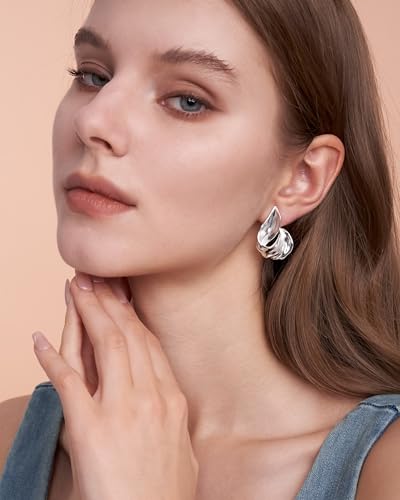 SNGIA 18K Gold Plated Chunky Statement Stud Earrings for Women by SNGIA, Geometric Square Triangle Irregular Knot Dome Earrings, Ribbed Ribbon Textured Gold Silver Fashion Jewelry Gift - style: Silver Plated, Curved
