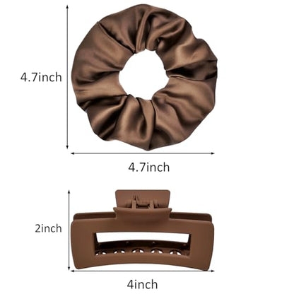 8pcs Hair Claws and Scrunchies – 4 Square Hair Clips for Women, 4 Satin Hair Scrunchies for Thick Thin Hair, Non-Slip Matte Hair Claws, Back to School Accessories, Daily Use - Beige & Brown - color: Apricot and Coffee Duo