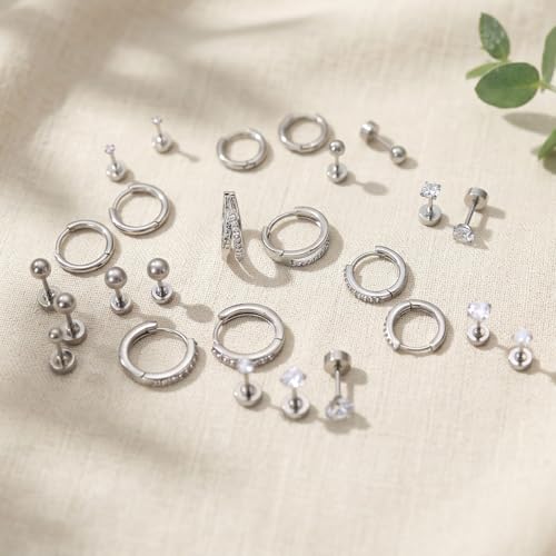 Stainless Steel Stud Earrings Set for Women Hypoallergenic Flat Back Cartilage Earrings Screw Back Huggie Hoop Earrings Multiple Piercing Cubic Zirconia Helix Tragus Jewelry - color: Set-C-Silver