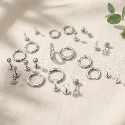 Stainless Steel Stud Earrings Set for Women Hypoallergenic Flat Back Cartilage Earrings Screw Back Huggie Hoop Earrings Multiple Piercing Cubic Zirconia Helix Tragus Jewelry - color: Set-C-Silver