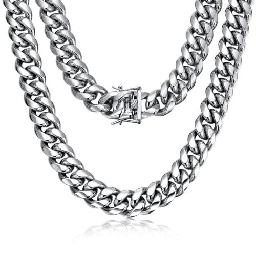 ROWIN&CO Miami Cuban Link Chain for Men 15mm Silver Stainless Steel Curb Necklace, Hip Hop Jewelry, Durable & Anti-Tarnish Mens Chain 18" 20" 22" 30" Inch, Pops Gifts For Fathers Boyfriends, Sons - size: 24 inch