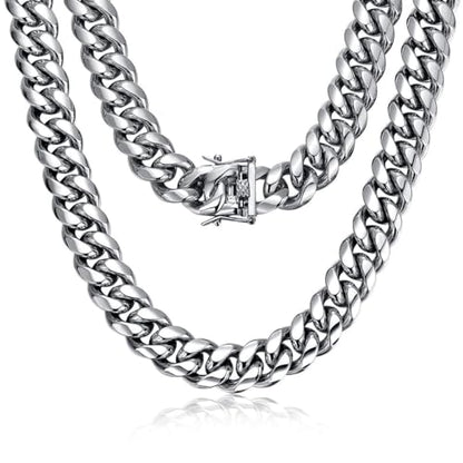 ROWIN&CO Miami Cuban Link Chain for Men 15mm Silver Stainless Steel Curb Necklace, Hip Hop Jewelry, Durable & Anti-Tarnish Mens Chain 18" 20" 22" 30" Inch, Pops Gifts For Fathers Boyfriends, Sons - size: 24 inch