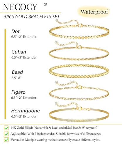 NECOCY Gold Bracelets Sets for Women Waterproof | Non Tarnish Gold Plated Cuban Paperclip Link Chain Stackable，Trendy Jewelry Accessories Gifts for Women - style: 6Pcs BRACELET SET-05
