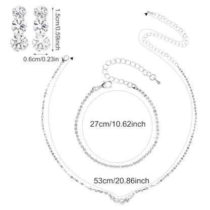 Gjinxi Silver Jewelry Set for Women, Rhinestone Necklace Bracelet Dangle Earrings Set, Crystal Bridal Wedding Party Jewelry Sets for Bride Bridesmaid Formal Costume