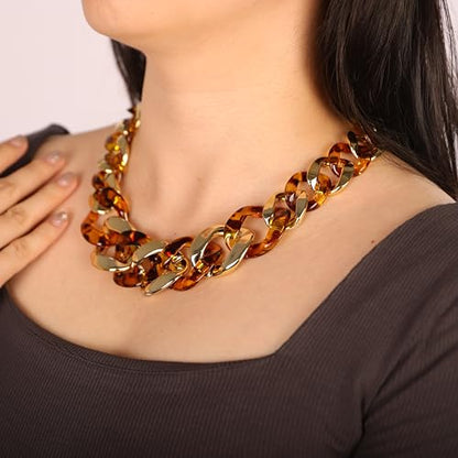 Punk Chunky Mixed Color Cuban Chain Necklace Acrylic Link Chain Lightweight Chain Curb Choker for Women - color: Leopard Print Gold