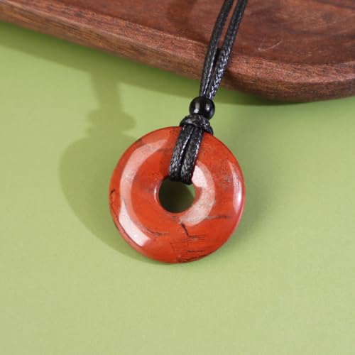 FANASY Natural Gemstone Pendant Necklce Lucky Coin Crystal Necklace Protection Donut Pendnat with Adjustable Rope for Men Women - color: Red Jasper