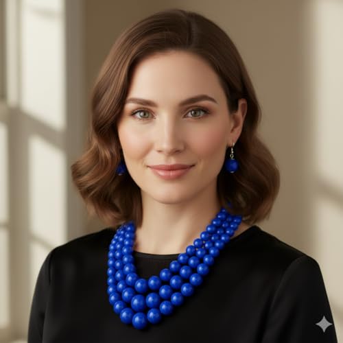Simulated Pearl Necklace & Earring Set, Multi Strand - color: Royal Blue