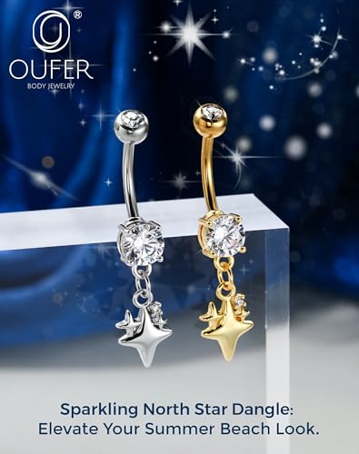 OUFER 14G Star Silver Gold Dangle Belly Button Ring 316L Surgical Stainless Steel CZ 10mm Bar Length Navel Piercing Jewelry for Women - color: Silver