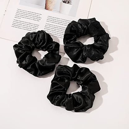 Scrunchies Soft Silk Elastics Bands Ponytail Holder Pack of 8 Neutral Scrunchies for Women & Girls - color: Black