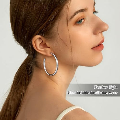 Gold Hoop Earrings for Women Summer Earrings Stainless Steel Hypoallergenic Earrings for Sensitive Ears Non Tarnish Hoops 4mm Hollow Tube Lightweight Earring Gifts for Women - style: 50mm Silver