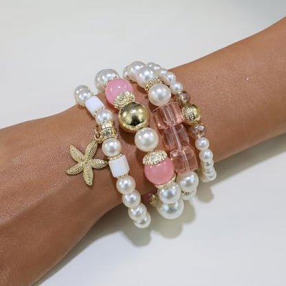 Bohemian Pearl Bracelet Set, 4 Piece Elastic Stretch Beaded Wrist Chain with Starfish Pendant, Boho Faux Pearl Multi-Color Stackable Bracelets for Women - color: Pink
