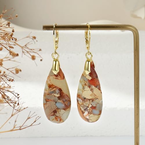 Natural Healing Teardrop Stone Leverback Dangle Drop Earrings Statement Gold earrings - color: khaki-Gold
