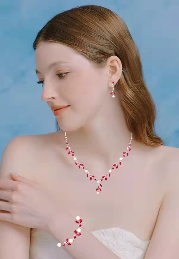 Luxury Cubic Zirconia Aurtrian Crystal Pearl Floral Necklace Dangle Earrings Wedding Bridal Jewelry Set Birthday Gifts for Her - color: Style02-Siam-Silver Plated