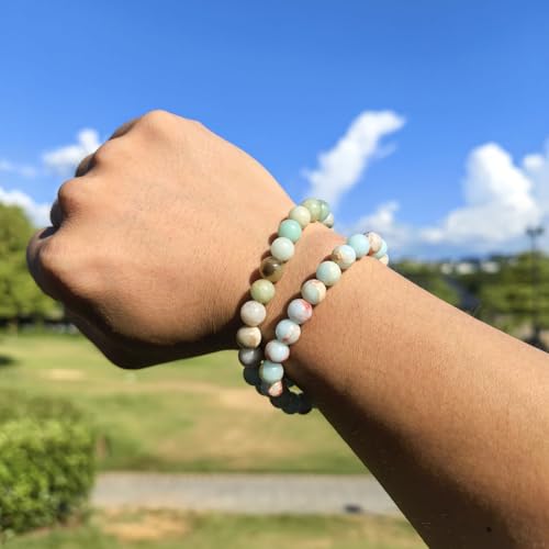4mm 6mm 8mm Healing Crystal Bracelets for Women Men Natural Stone Beaded Stretch Bracelet Handmade Gemstone Reiki Spiritual Jewelry Gifts - color: Amazonite+Agalmatolite Jasper-Lucky, size: 8mm