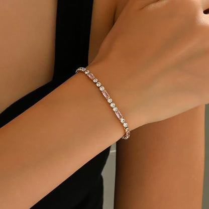 Tennis Bracelet for Women 18K Gold Plated White Red Green Black Blue Pink 3mm Cubic Zirconia Bracelet Dainty Diamond Adjustable Bracelet Trendy Jewelry Gift - color: Pink Tennis-Gold