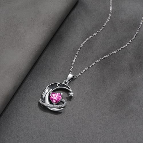 I Love You to the Moon and Back Necklace 925 Sterling Silver Black Crescent Moon Star Pendant with Heart Birthstone Necklace Anniversary Gothic Jewelry Gifts for Women Wife Lovers - color: 10-Oct-Pink
