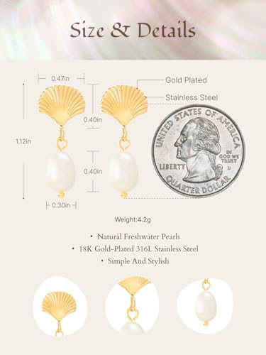 Pearl Earrings VeroSteel Dangle Earrings for Women, Dainty 14k Gold Huggie Hoop Earrings with Pearls, Trendy Pearl Drop Earrings, Stainless Steel Hypoallergenic Stud Earrings For Sensitive Ears - style: Shell