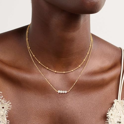 MEVECCO Dainty Choker Necklaces for Women, Beaded and Multi-Row Chains | 14K Gold Plated Brass, Select Silver Plated Brass Options, Polished And Textured Profiles For Everyday Styling - style: Gold Satellite Bead