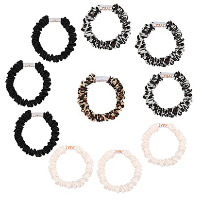 Hair Ties Silk Satin Scrunchies - Small Mini Thin Elestics Ponytail Holder Hair Bands Skinny Scrunchy For Thick Curl Hair No Crease Hair Ties Soft Accessories No Hurt Your Hair for Women and Girls (White Leopard Black) - color: White Leopard Black