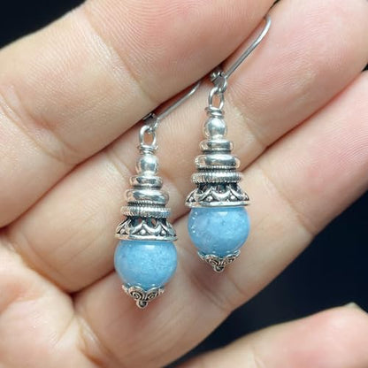 Natural 10mm Stone Beads Drop Earrings,Retro Silver Round Quartz Crystal Gemstone Beads Dangle Earrings for Women - color: A08_Aquamarine