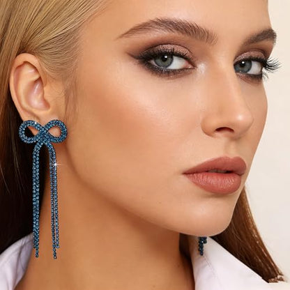 Rhinestone Earrings Dangling for Women Sparkly Silver Dangle Earrings Girls Long Chandelier Earrings Tassel Lightweight Ear Studs Cubic Zirconia (KE001S-W) - color: Bow 516286DY-BZ Coating Blue Zircon