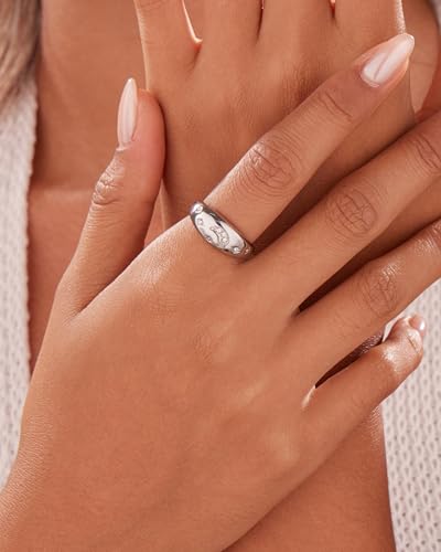 YeGieonr Gold Rings for Women Non Tarnish, 18K Gold Plated Stainless Steel North Star Signet Ring, Waterproof Dainty Pinky Statement Ring, Tarnish Free Gold Jewelry for Women - color: Moon&Star Dome Silver