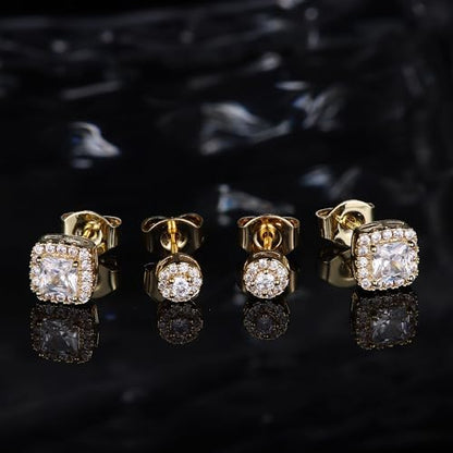 18K Gold Plated Halo Stud Earrings 925 Sterling Silver Cubic Zirconia Stud Earrings Round Square Diamonique Stud Earrings Set for Women Men - color: Gold2