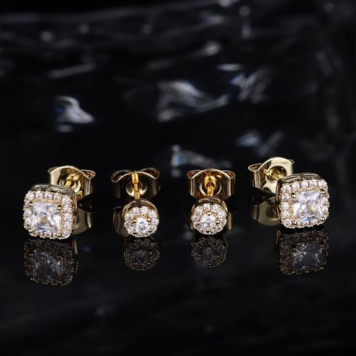 18K Gold Plated Halo Stud Earrings 925 Sterling Silver Cubic Zirconia Stud Earrings Round Square Diamonique Stud Earrings Set for Women Men - color: Gold2