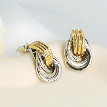 Chunky Gold-Plated Earrings for Women, Geometric Knot Link Circle Dangle Earrings, Trendy Drop Stud Earrings, Fashion Jewelry for Women