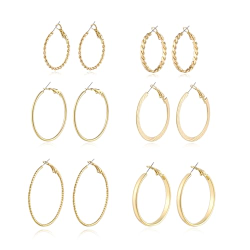 6 Pairs Gold and Silver Plated Hoop Earrings Set for Women – Trendy Silver and Gold Huggie Hoops, Big Silver and Gold Earrings, Chunky Jewelry for Multiple Piercings, Fashion Gift Pack, Stylish Silver Jewelry for Everyday Wear - color: Gold