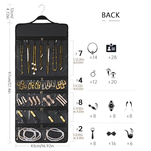 SMRITI Hanging Jewelry Organizer with Dual Zippered Pockets Canvas Double Sided Rotating Hanger Necklace Hanging Wall Organizer Earring Dustproof Holder Wall Mount Accessories Display Bag(Dark Grey) - color: #1-Dark Grey