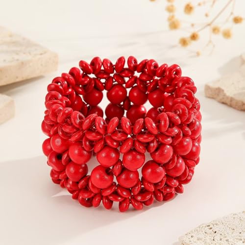 Zian Bohemian Wooden Beaded Bracelets for Women Handmade Colorful Wide Chunky Elastic Stretch Bracelets Boho Wristband Summer Beach Jewelry - color: Red