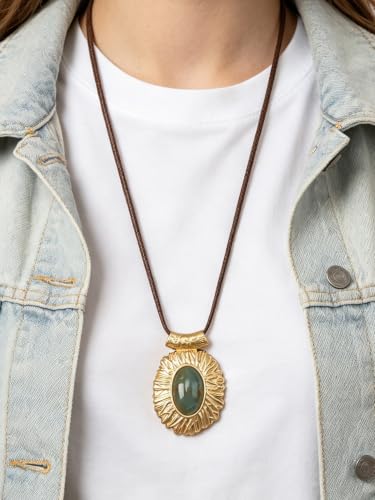 GelConnie Leather Necklace for Women Round Wooden Pendant Long Leather Choker Vintage Sweater Necklace Gold Chunky Boho Necklaces for Women - style: Large Stone Pendant Necklace
