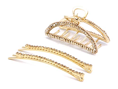STARGAZER Hair Jaws Claw Clips – 3 Piece Set Ombre Cresent Jaw and Bobby Pin Set Crystal Rhinestone Pearl Metal Decorative Hairpins Fashion Accessories for Women Girls SAM32-5745-6137B Gold - color: Bobby Pin & Jaw Set-Gold