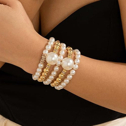 GIGB PBDK Chunky Pearl Bracelets for Women Stackable Gold Pearl Beaded Stretch Bracelets Exaggerated Big Pearl Ball Bracelet Set Trendy Birthday Jewelry Gifts - color: Gold